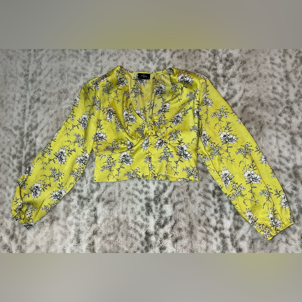 Milk & Honey blouse satin women Large  Crop Top  Puff Sleeve green